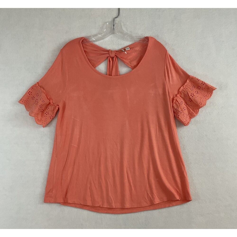 Cato Est 1946 Peach Knit Shirt Womens L Eyelet Ruffle‎ Sleeves Tie Back Keyhole
